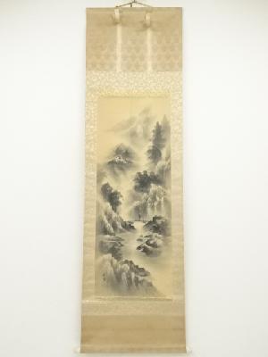 春章筆　水墨山水　肉筆絹本掛軸（中島清堂識箱）